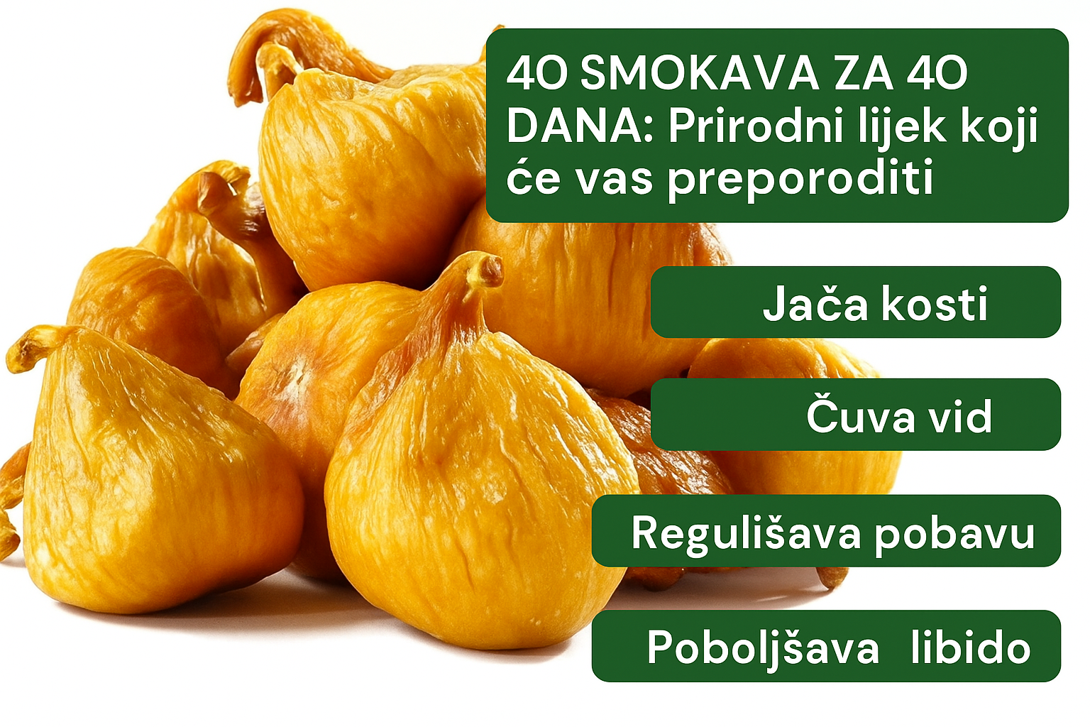 Priprema: Stavite smokve u staklenu teglu i prelijte ih maslinovim uljem. Zatvorite poklopcem i ostavite u frižideru. Nakon 40 dana, možete konzumirati ovaj prirodni lijek. Primjena: Jedna smokva u ulju na prazan stomak pomoći će jačanju i zdravlju i rješiće već prisutne zdravstvene probleme. Za šta su dobre smokve – Pomažu regulaciji rada gastrointestinalnog trakta. – Visok sadržaj vlakana u smokvama pomaže mravljenju i čišćenju organizma od toksina. – Smokva je bogata kalcijumom koji se lako apsorbuje i nezamjenljiv je ljudima sa netolerancijom na laktozu. – Kalijum, koji je obilato prisutan u smokvama, jača srce. – Smokve sadrže veliku količinu antioksidanata, koji poboljšavaju imuni sistem i opšte zdravlje. Kupite vitamine i dodatke prehrani – Poboljšava stanje kože i izjednačava ten lica. – Smatra se odličnim sredstvom za liječenje nesanice i jutarnje mučnine. Izvor: lepotaizdravlje